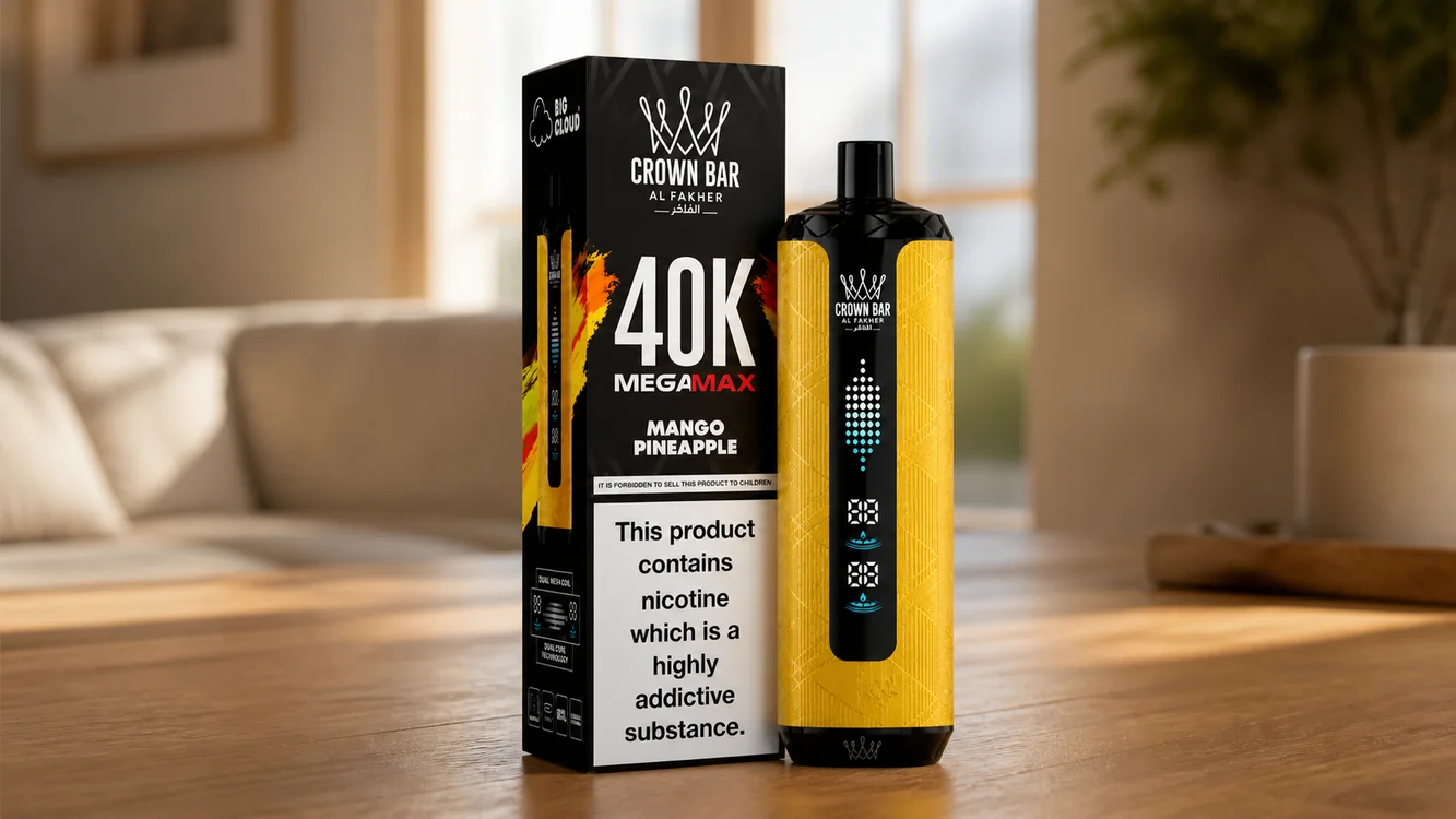 Al Fakher Crown Bar 40K Mega Max en vue trois quarts, écran LED visible