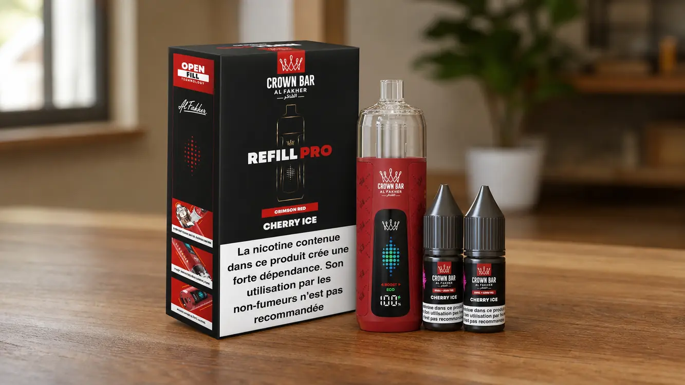 Unboxing Al Fakher Crown Bar Refill Pro 30K Cherry Ice : boîte Open Fill, batterie coloris Crimson Red écran allumé à 100 %, cartouche 20 mL et flacons d'e-liquide Cherry Ice
