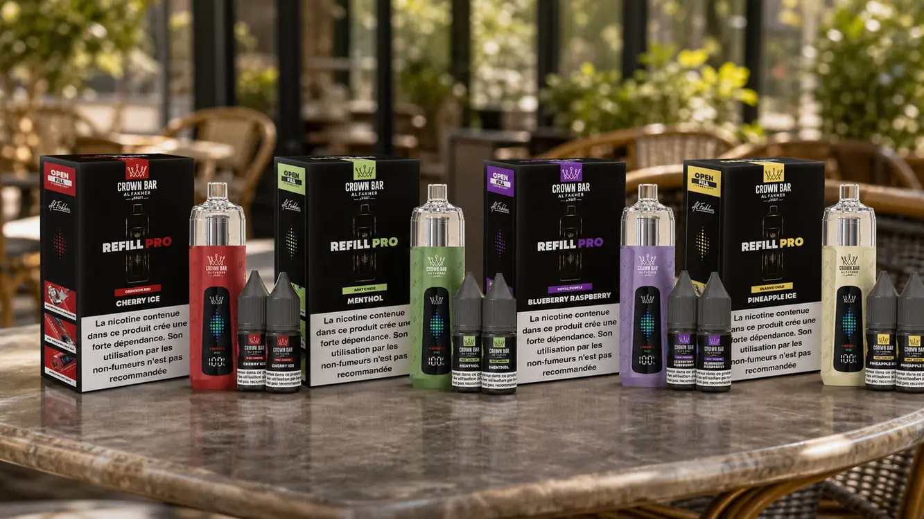Quatre Al Fakher Crown Bar Refill Pro 30K alignées en terrasse : Cherry Ice, Menthol, Blueberry Raspberry et Pineapple Ice avec leurs boîtes et flacons d'e-liquide